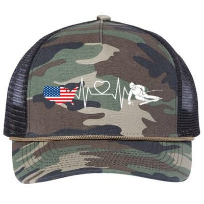 American Flag Map Ski Heartbeat Skiing Skier Gifts Retro Rope Trucker Hat Cap