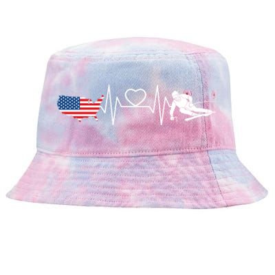 American Flag Map Ski Heartbeat Skiing Skier Gifts Tie-Dyed Bucket Hat