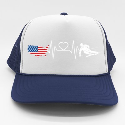 American Flag Map Ski Heartbeat Skiing Skier Gifts Trucker Hat