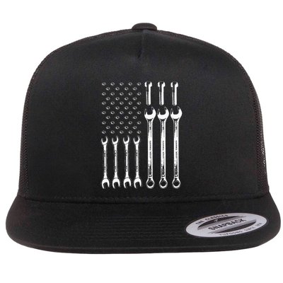 American Flag Mechanic Patriotic Wrench Repairman Gifts Flat Bill Trucker Hat