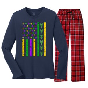 American Flag Mardi Gras Tshirt Mardi Gras Crawfish Women's Long Sleeve Flannel Pajama Set 