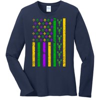 American Flag Mardi Gras Tshirt Mardi Gras Crawfish Ladies Long Sleeve Shirt