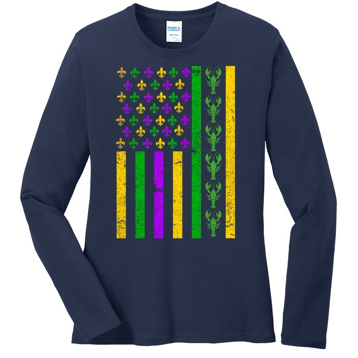 American Flag Mardi Gras Tshirt Mardi Gras Crawfish Ladies Long Sleeve Shirt