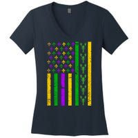 American Flag Mardi Gras Tshirt Mardi Gras Crawfish Women's V-Neck T-Shirt