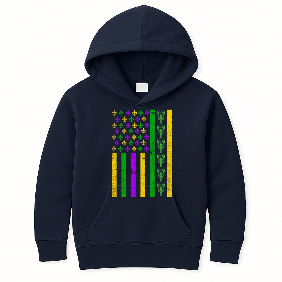 American Flag Mardi Gras Tshirt Mardi Gras Crawfish Kids Hoodie