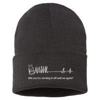 Adenosine Funny Medical Pun Gift Did You Try Turning It On And Off Again Sustainable Knit Beanie