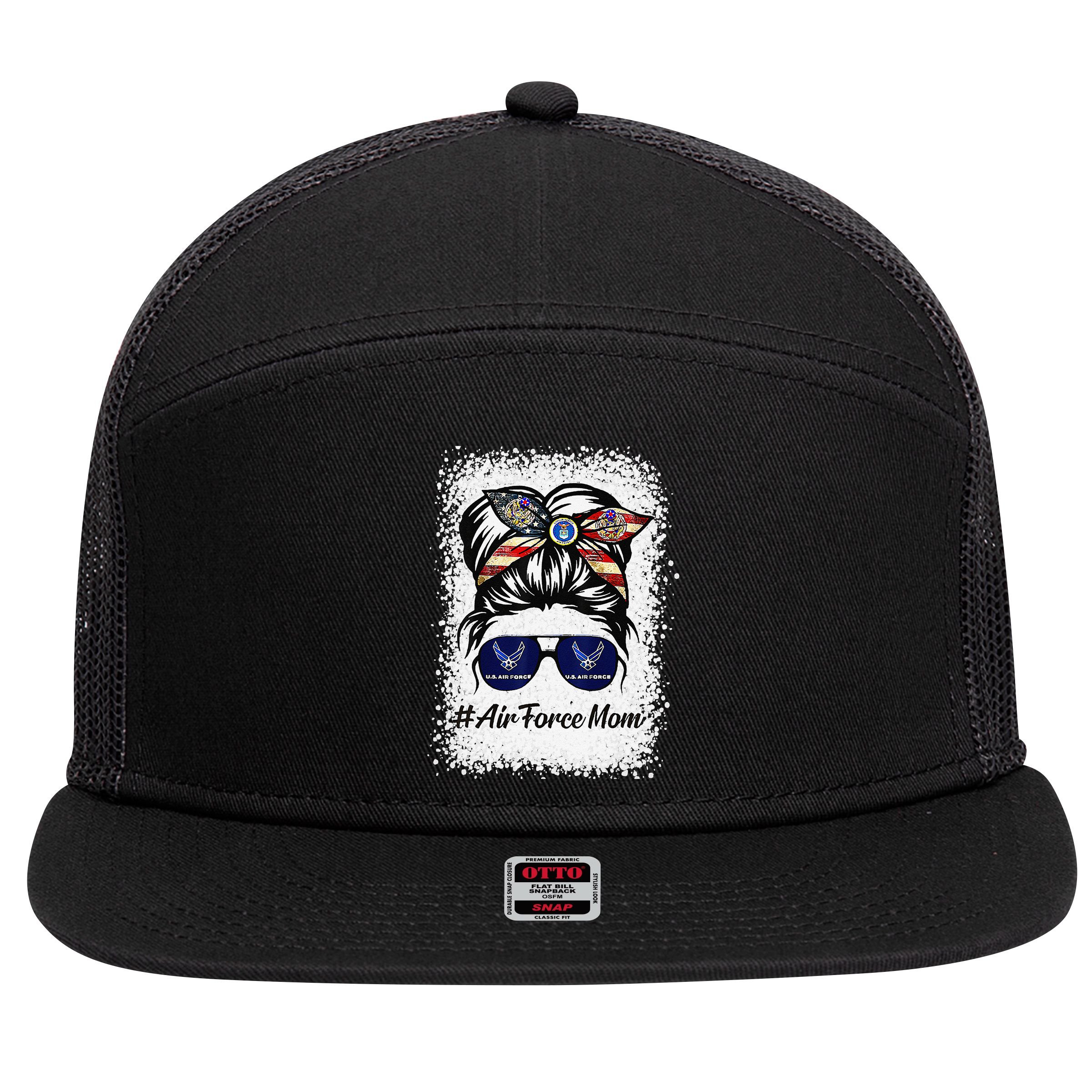 Air Force Mom Messy Bun Sunglasses Military Mom Mother's Day 7 Panel Mesh Trucker Snapback Hat