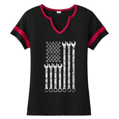 American Flag Mechanic Wrench Gift Mens Womens Ladies Halftime Notch Neck Tee