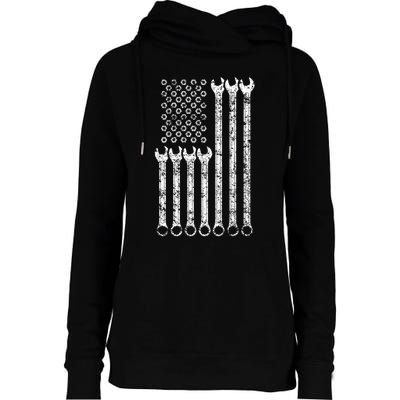 American Flag Mechanic Wrench Gift Mens Womens Womens Funnel Neck Pullover Hood