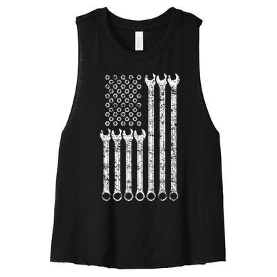 American Flag Mechanic Wrench Gift Mens Womens Women's Racerback Cropped Tank