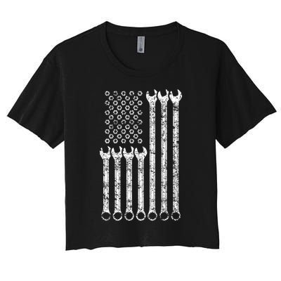 American Flag Mechanic Wrench Gift Mens Womens Women's Crop Top Tee