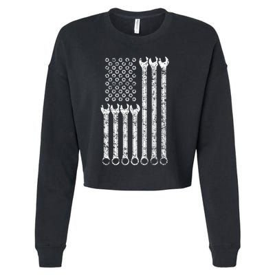 American Flag Mechanic Wrench Gift Mens Womens Cropped Pullover Crew