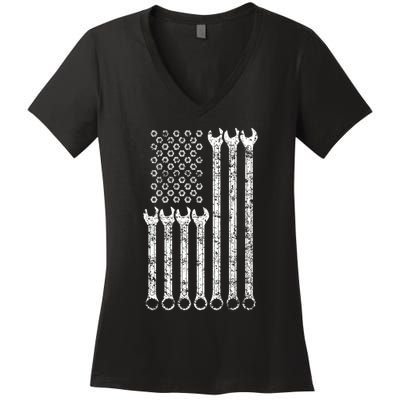 American Flag Mechanic Wrench Gift Mens Womens Women's V-Neck T-Shirt