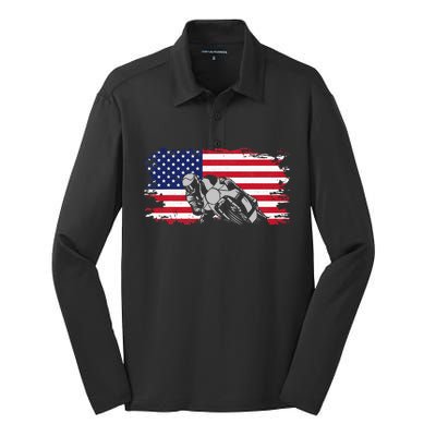 American Flag Motorcycle Silk Touch Performance Long Sleeve Polo