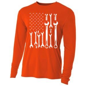 American Flag Mechanic Patriotic Funny Auto Wrench Funny Gift Cooling Performance Long Sleeve Crew