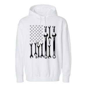 American Flag Mechanic Patriotic Funny Auto Wrench Funny Gift Garment-Dyed Fleece Hoodie