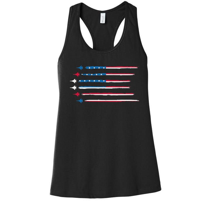 American Flag Military Jet Plane Aviation Women's Racerback Tank