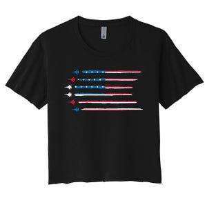 American Flag Military Jet Plane Aviation Women's Crop Top Tee