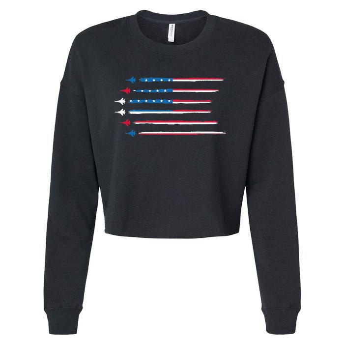 American Flag Military Jet Plane Aviation Cropped Pullover Crew