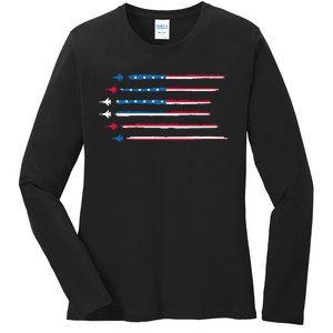 American Flag Military Jet Plane Aviation Ladies Long Sleeve Shirt