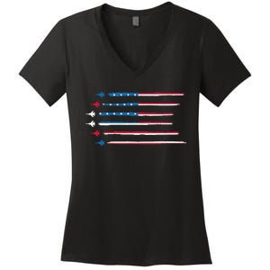 American Flag Military Jet Plane Aviation Women's V-Neck T-Shirt