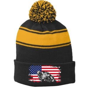 American Flag Motorcycle Stripe Pom Pom Beanie