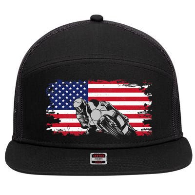 American Flag Motorcycle 7 Panel Mesh Trucker Snapback Hat