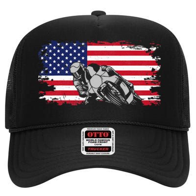 American Flag Motorcycle High Crown Mesh Back Trucker Hat