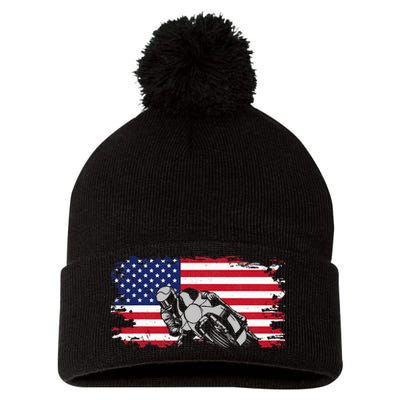 American Flag Motorcycle Pom Pom 12in Knit Beanie