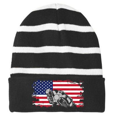 American Flag Motorcycle Striped Beanie with Solid Band