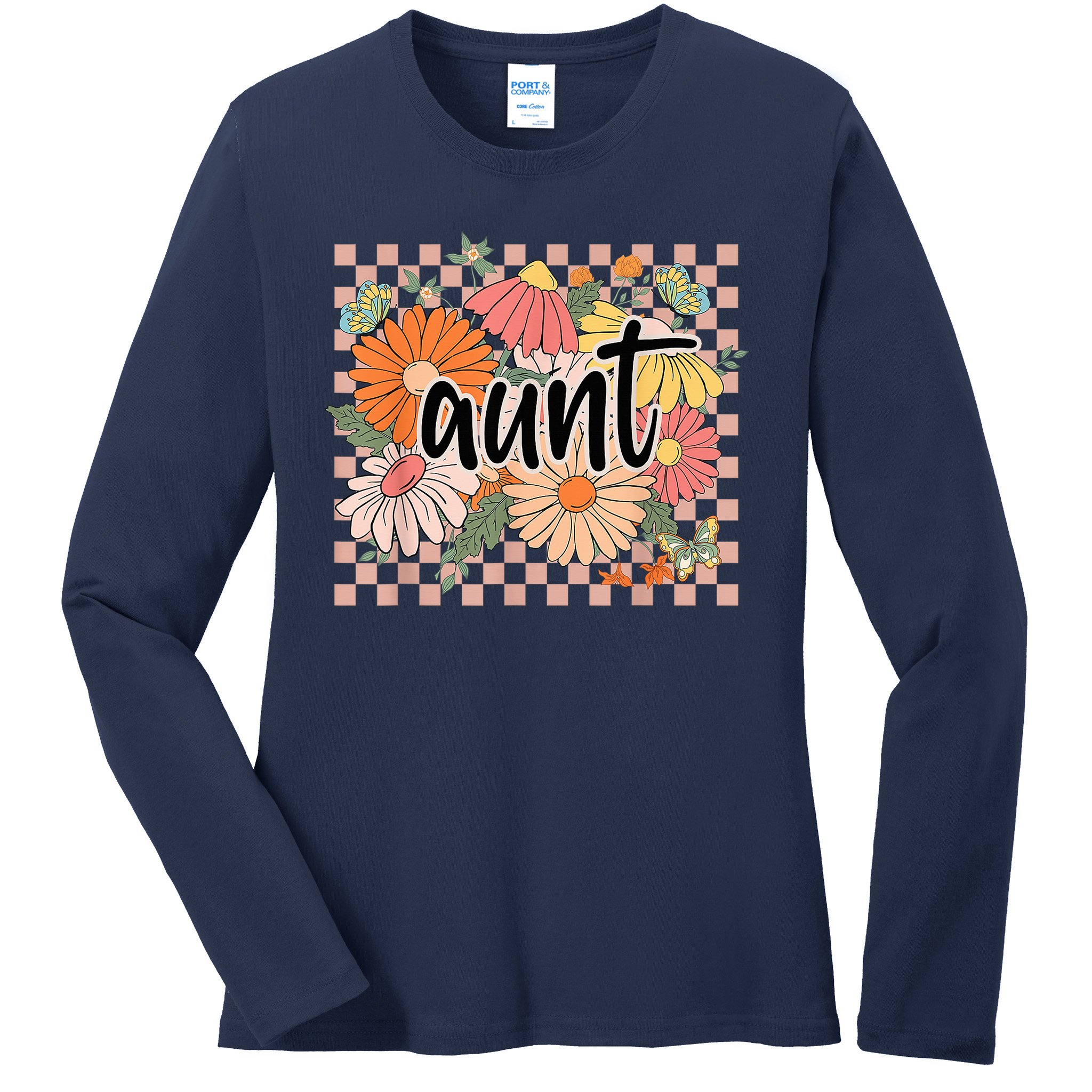 Aunt Floral Mother'S Day Wildflower Girl Checkered Ladies Long Sleeve Shirt