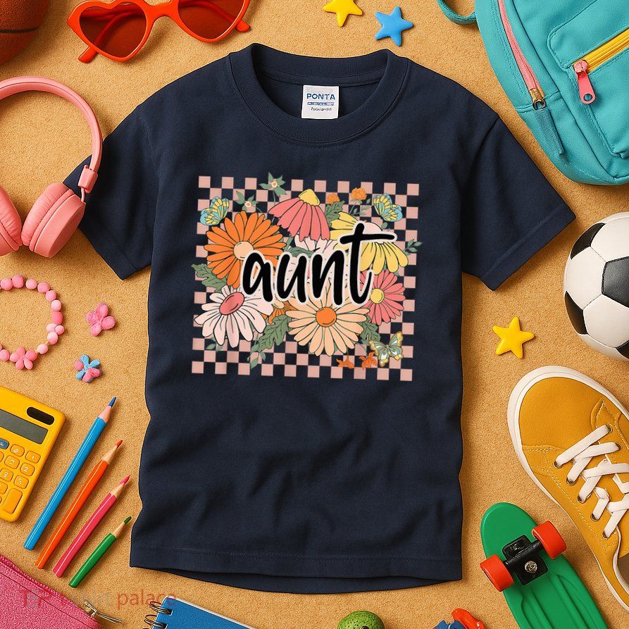 Aunt Floral Mother'S Day Wildflower Girl Checkered Kids T-Shirt
