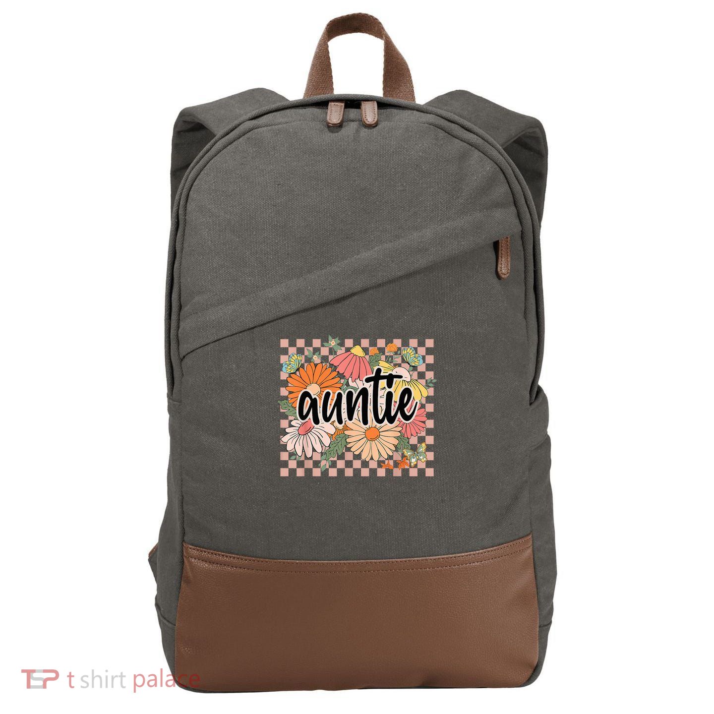 Auntie Floral Mother'S Day Wildflower Girl Checkered Cotton Canvas Backpack