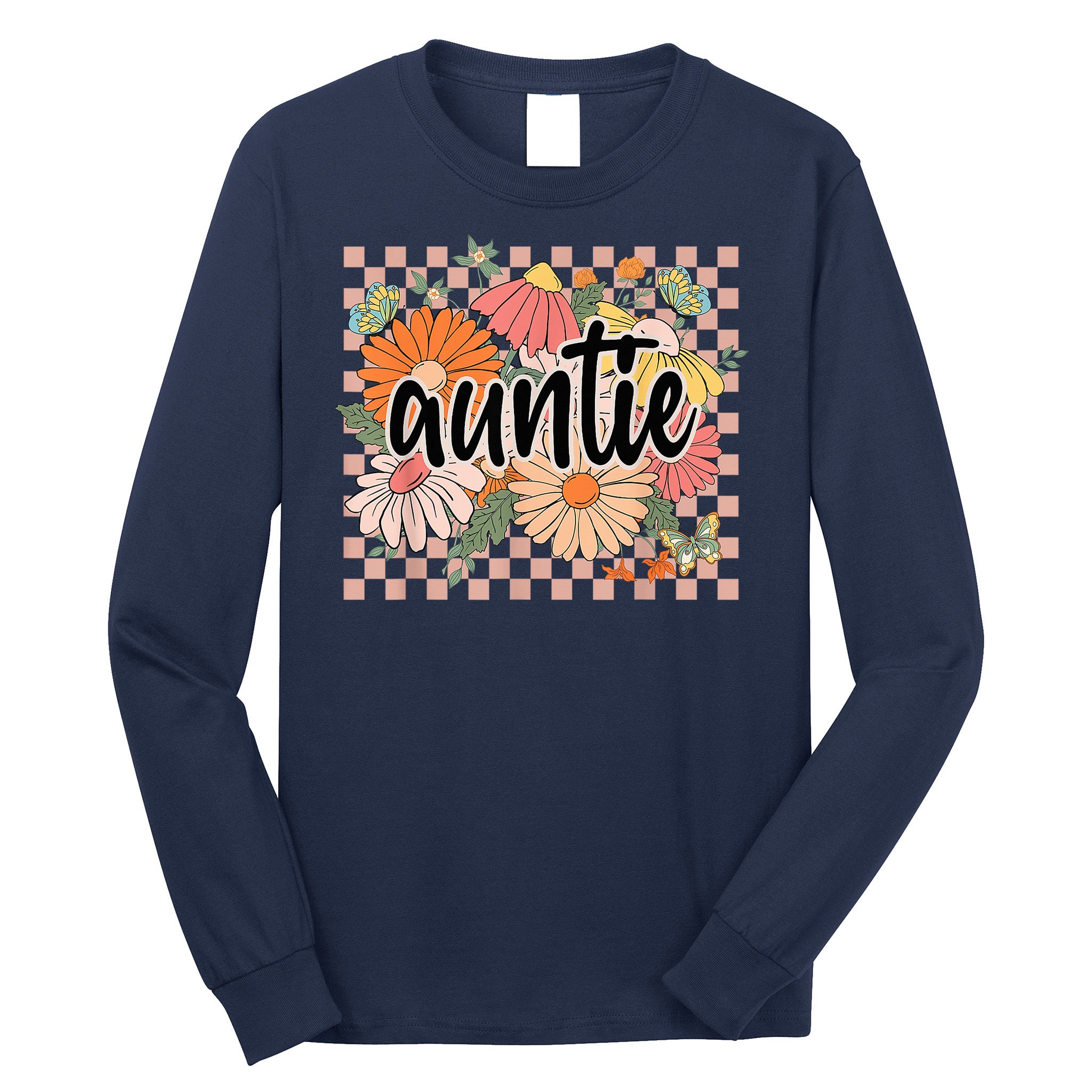 Auntie Floral Mother'S Day Wildflower Girl Checkered Long Sleeve Shirt