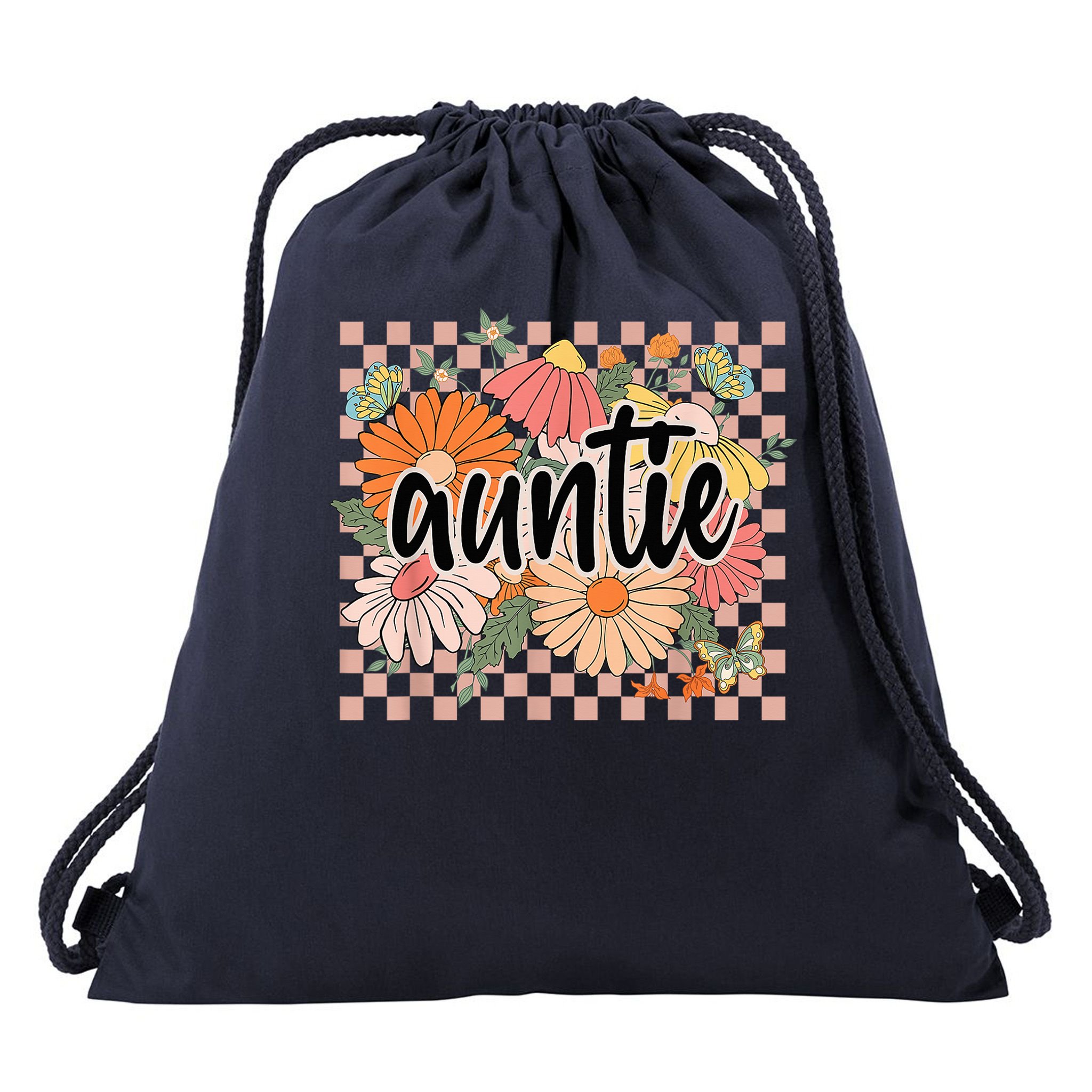 Auntie Floral Mother'S Day Wildflower Girl Checkered Drawstring Bag