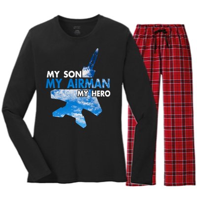 Air Force Mom My Son My Airman Hero Air Force Dad Gift Women's Long Sleeve Flannel Pajama Set 