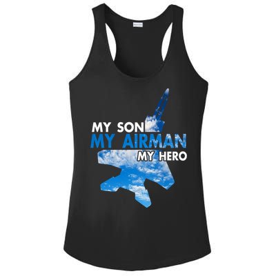 Air Force Mom My Son My Airman Hero Air Force Dad Gift Ladies PosiCharge Competitor Racerback Tank