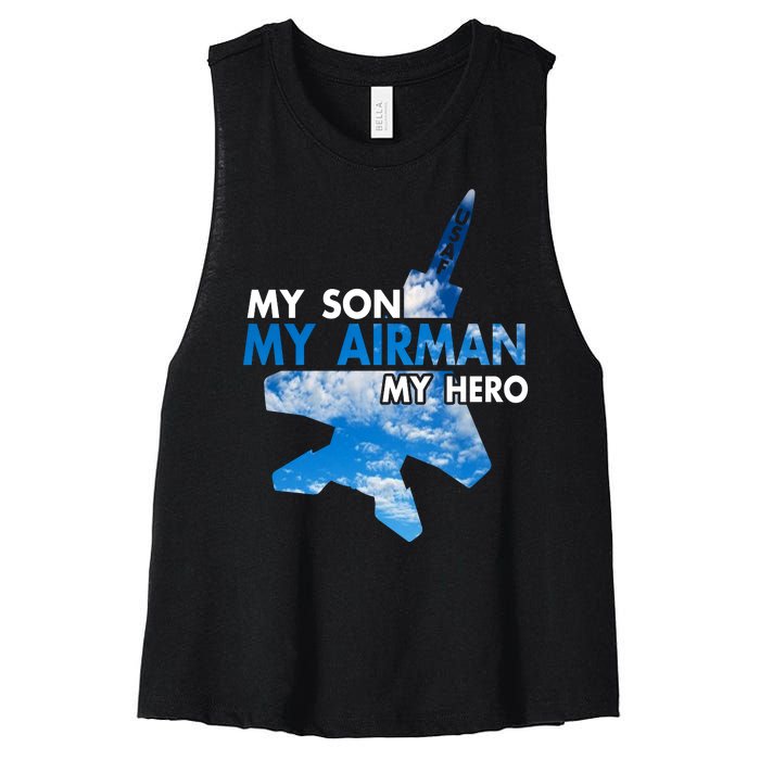 Air Force Mom My Son My Airman Hero Air Force Dad Gift Women's Racerback Cropped Tank