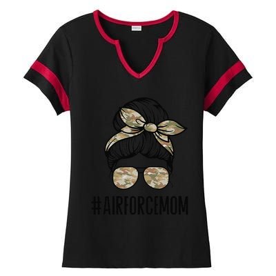 Air Force Mom Messy Bun Sunglasses Military Mom Mother's Day Ladies Halftime Notch Neck Tee