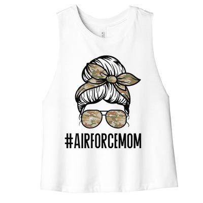 Air Force Mom Messy Bun Sunglasses Military Mom Mother's Day Women's Racerback Cropped Tank