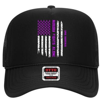 American Flag Nobody Fights Lupus Alone High Crown Mesh Back Trucker Hat