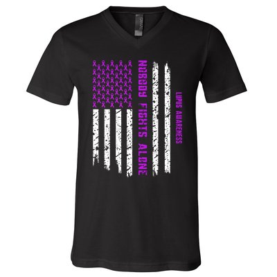 American Flag Nobody Fights Lupus Alone V-Neck T-Shirt