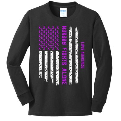 American Flag Nobody Fights Lupus Alone Kids Long Sleeve Shirt