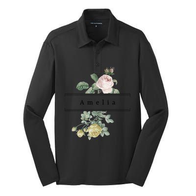 Amelia First Name Vintage Roses Wedding Shower Rose Gift Silk Touch Performance Long Sleeve Polo