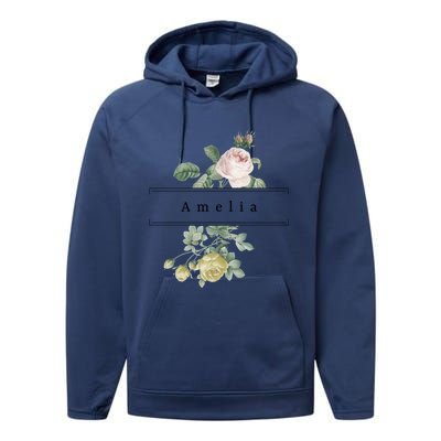 Amelia First Name Vintage Roses Wedding Shower Rose Gift Performance Fleece Hoodie