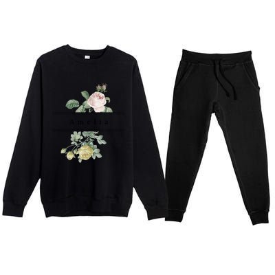 Amelia First Name Vintage Roses Wedding Shower Rose Gift Premium Crewneck Sweatsuit Set