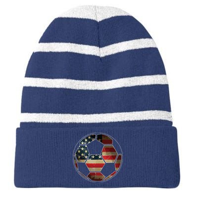 American Flag On Soccer Ball Soccer Ball Flag Tee Striped Beanie with Solid Band