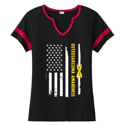 American Flag Osteosarcoma Awareness Wear Yellow Ribbon Usa Gift Ladies Halftime Notch Neck Tee