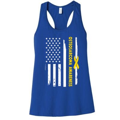 American Flag Osteosarcoma Awareness Wear Yellow Ribbon Usa Gift Women's Racerback Tank