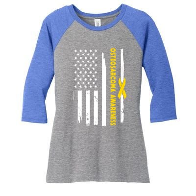 American Flag Osteosarcoma Awareness Wear Yellow Ribbon Usa Gift Women's Tri-Blend 3/4-Sleeve Raglan Shirt